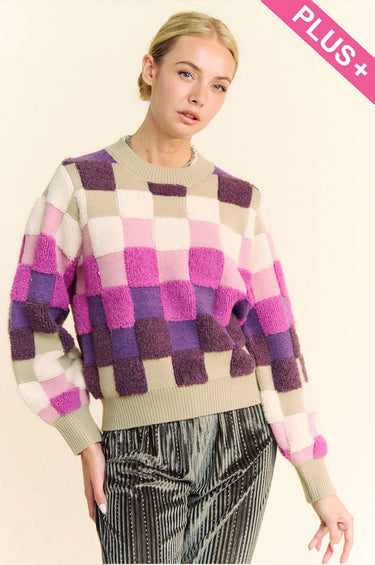 PLUS MULTI COLOR PLAID CHECKER LONG SLEEVE SWEATER: Purple Multi